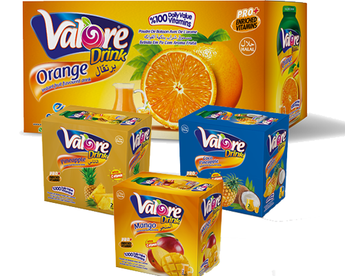 Valore Drink powder juice in 10g sachets. Cartons and boxes